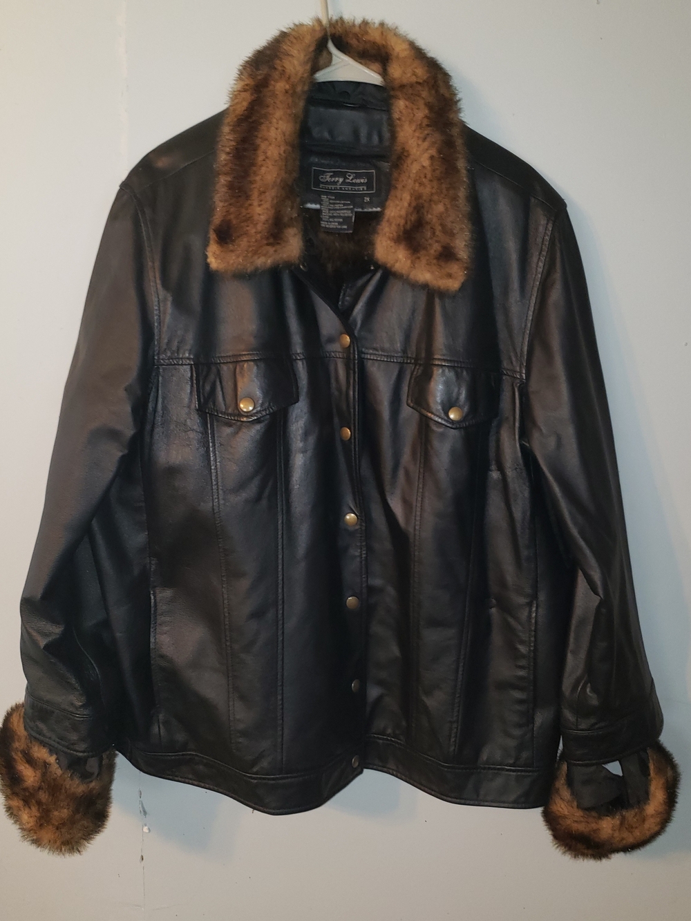 Terry Lewis 100% Genuine Leather Jacket Black Brown Faux Fur Trim Coat 2XL